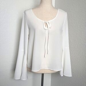 Polly & Esther Sheer Bell Sleeve Top Keyhole Tie Relaxed Fit Boho White